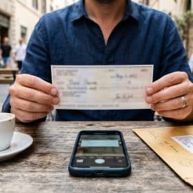 How to Deposit US Checks While Living Abroad (2026) 3 Depositing a paper US check while living abroad using a phone and a forwarded courier envelope