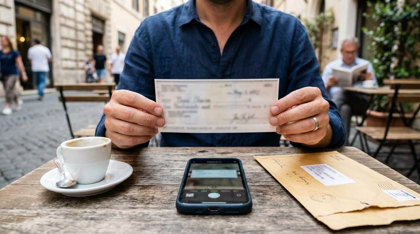 How to Deposit US Checks While Living Abroad (2026) 2 Depositing a paper US check while living abroad using a phone and a forwarded courier envelope