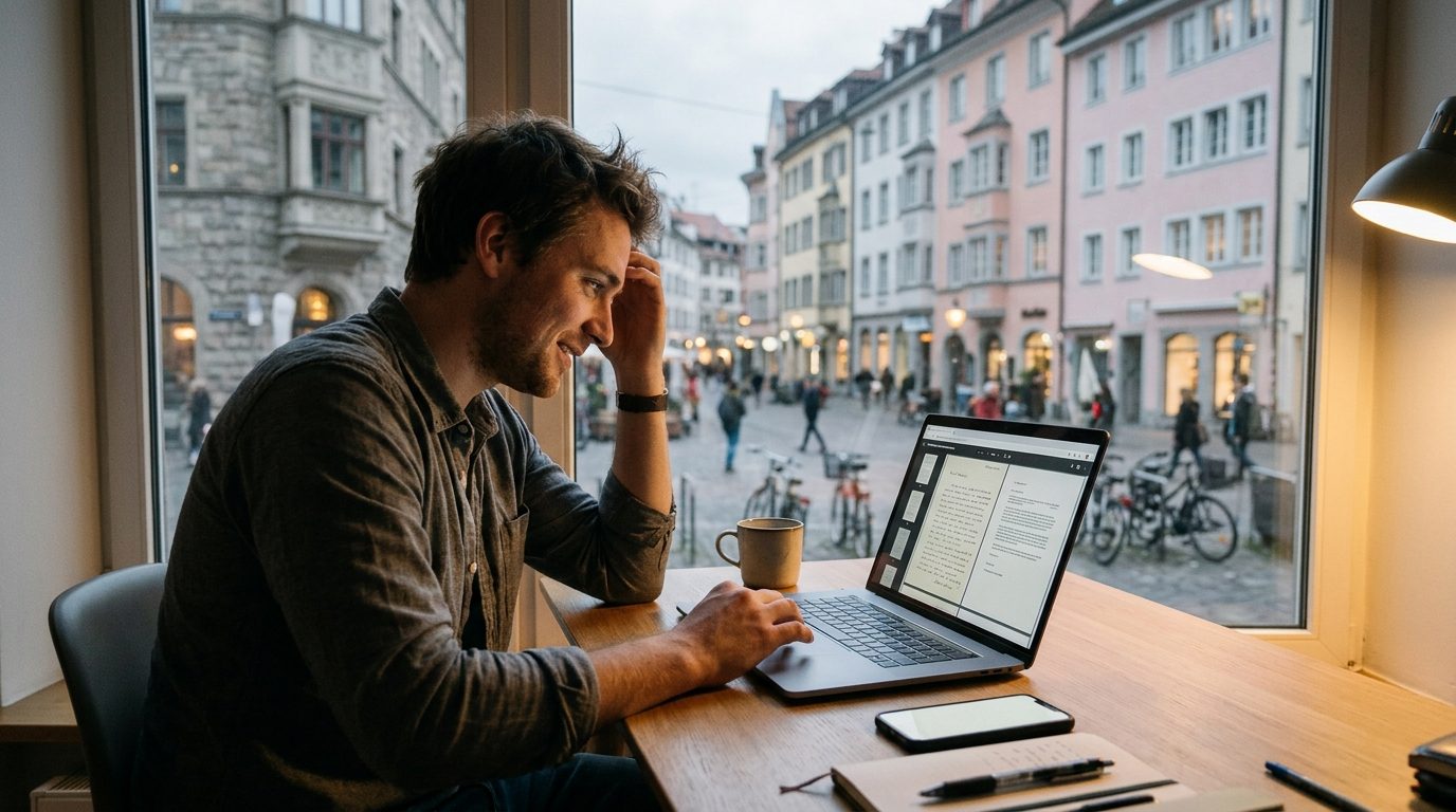 American expat reading scanned US mail from a virtual mailbox on a tablet while living abroad