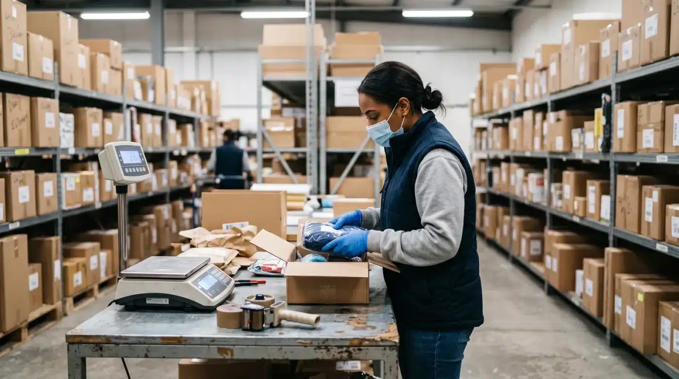 Prohibited Items for Mail Forwarding: A to Z Lookup of What You Can and Can't Ship 1 Mail forwarding staff member in gloves inspecting package contents for prohibited items before international shipping