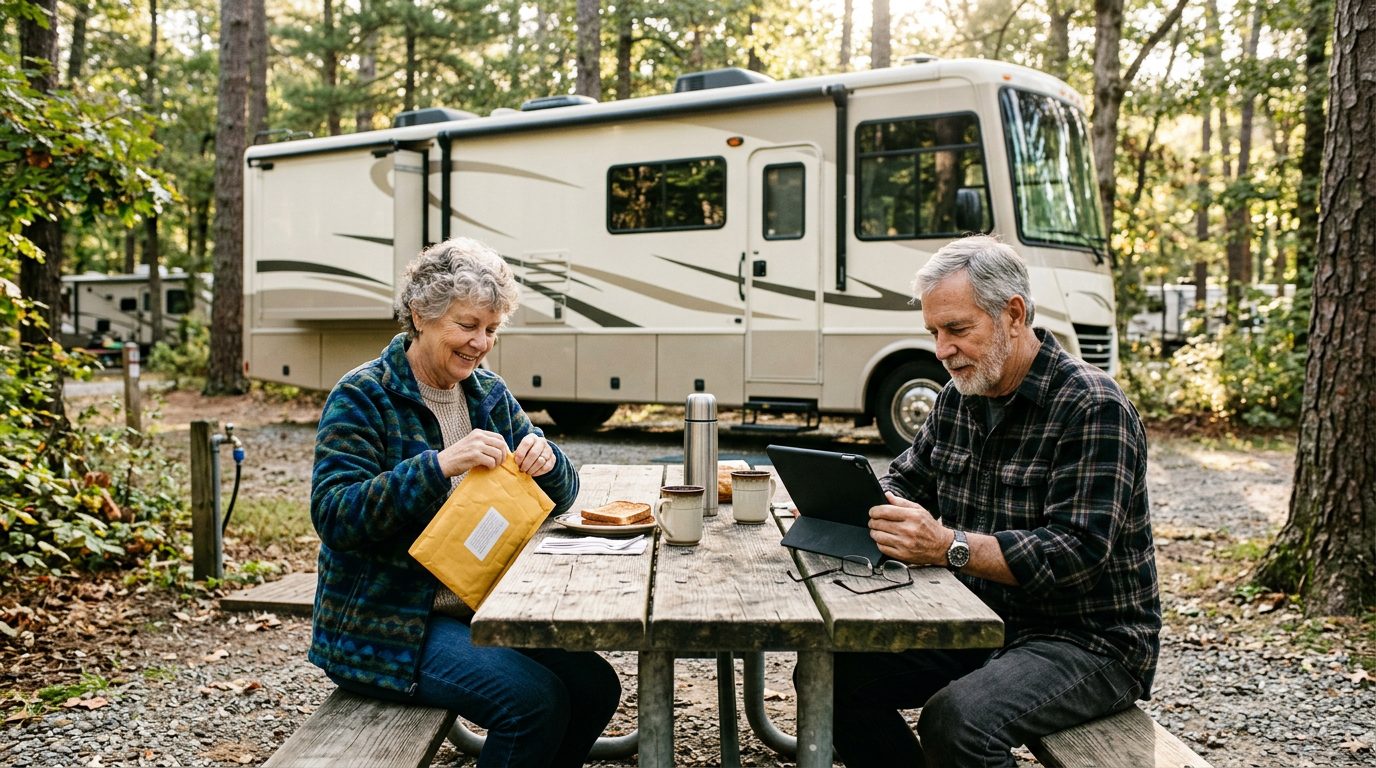 RV Mailbox and Mail Forwarding for Full-Time Travelers 8 Full-time RV travelers opening forwarded mail at a campground