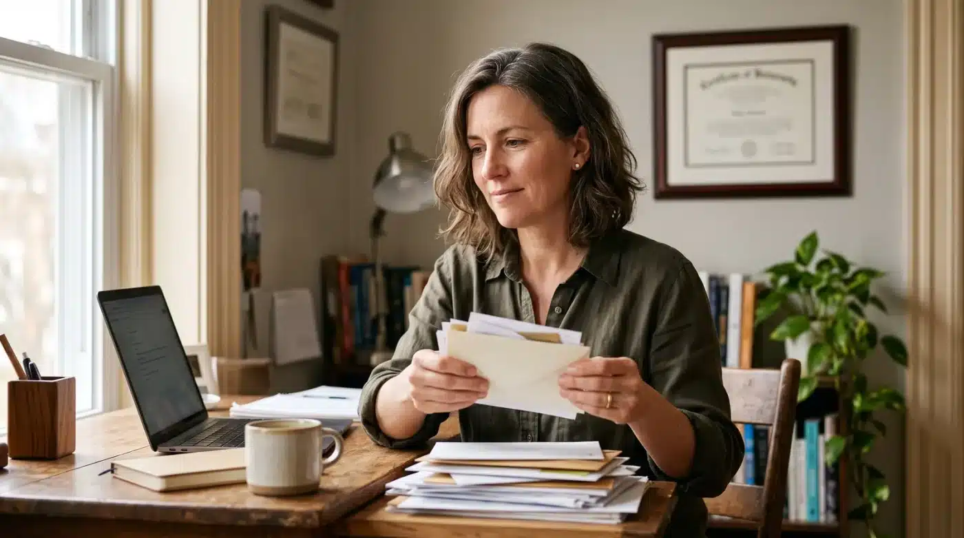 Virtual Address for an LLC or Corporation: Where It Works, Where It Doesn't 1 Small business owner reviewing company mail at a home office desk after switching her LLC to a virtual business address