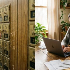 Virtual Mailbox vs PO Box: An Honest 2026 Comparison 6 Virtual mailbox vs PO Box: a post office box wall beside a person reading scanned mail online