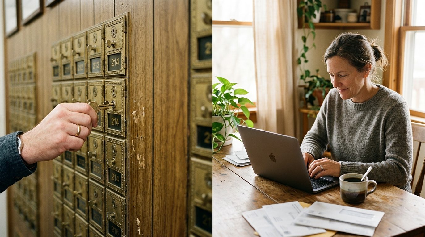 Virtual Mailbox vs PO Box: An Honest 2026 Comparison 5 Virtual mailbox vs PO Box: a post office box wall beside a person reading scanned mail online